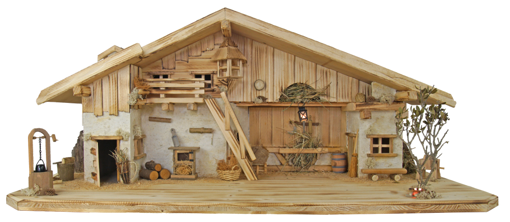 Stimmungsvolle, handgefertigte Weihnachtskrippe Gotthard aus Holz hell inkl. 12-tlg. handbemaltem Figurensatz K 001,    Maße Krippe: ca. 90 x 40 x 40 cm