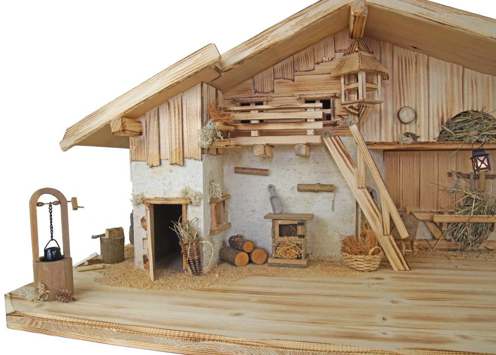 Stimmungsvolle, handgefertigte Weihnachtskrippe Gotthard aus Holz hell inkl. 12-tlg. handbemaltem Figurensatz K 001,    Maße Krippe: ca. 90 x 40 x 40 cm