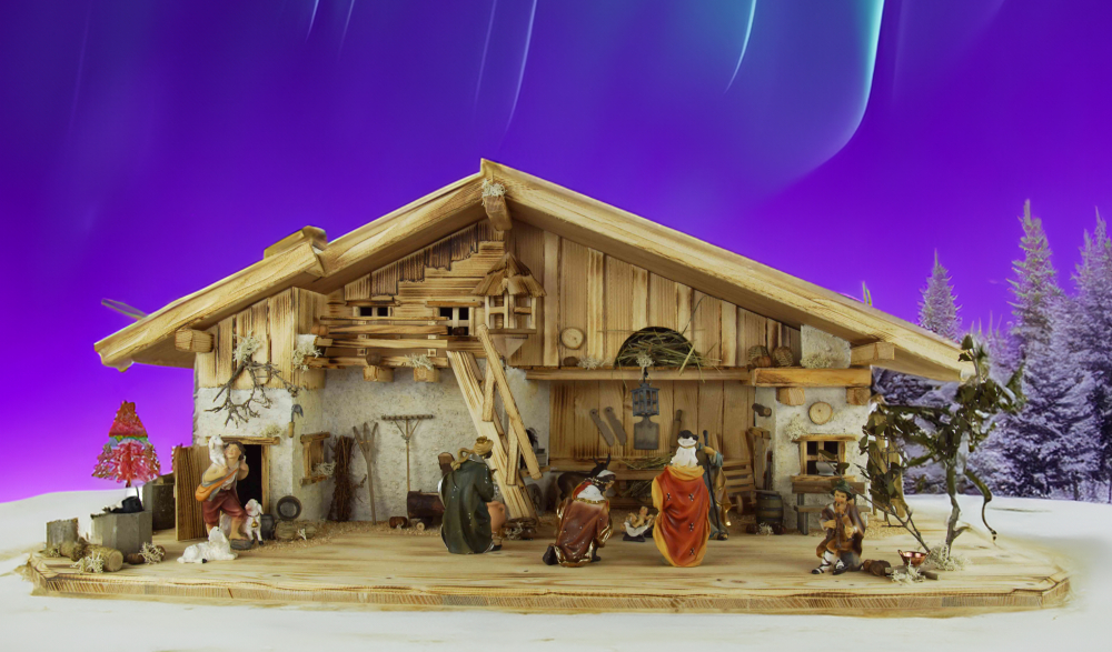 Stimmungsvolle, handgefertigte Weihnachtskrippe Gotthard aus Holz hell inkl. 12-tlg. handbemaltem Figurensatz K 001,    Maße Krippe: ca. 90 x 40 x 40 cm