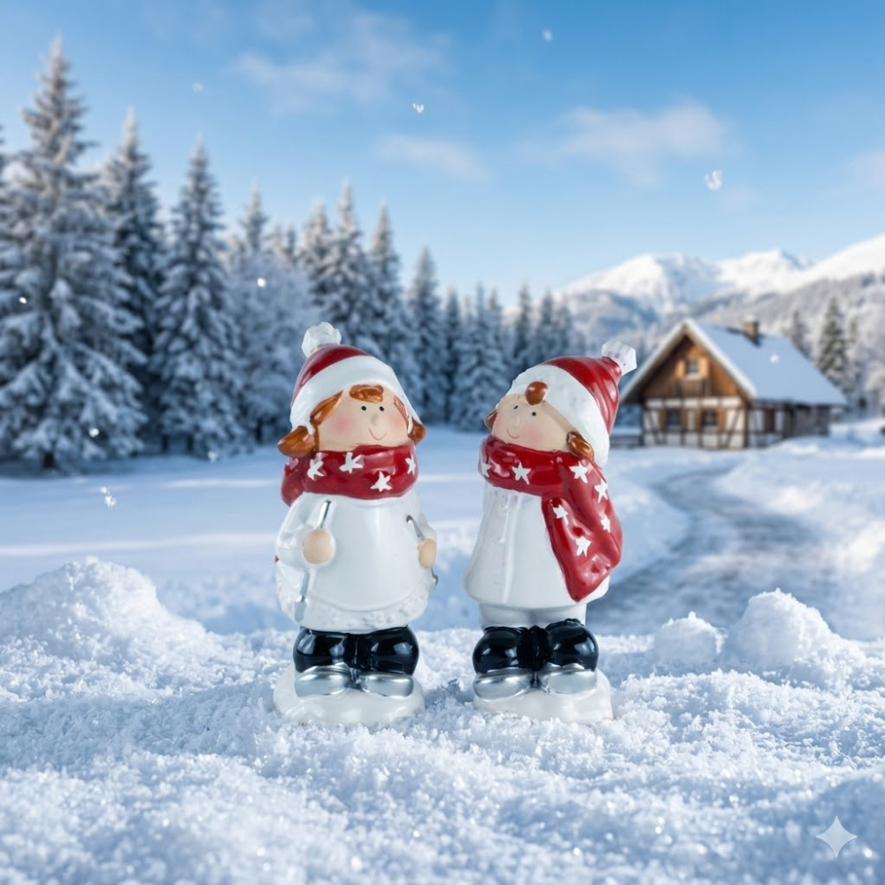 2er Set Niedliche Winterkinder auf Ski ca. 18 cm - Weihnachtsdekoration