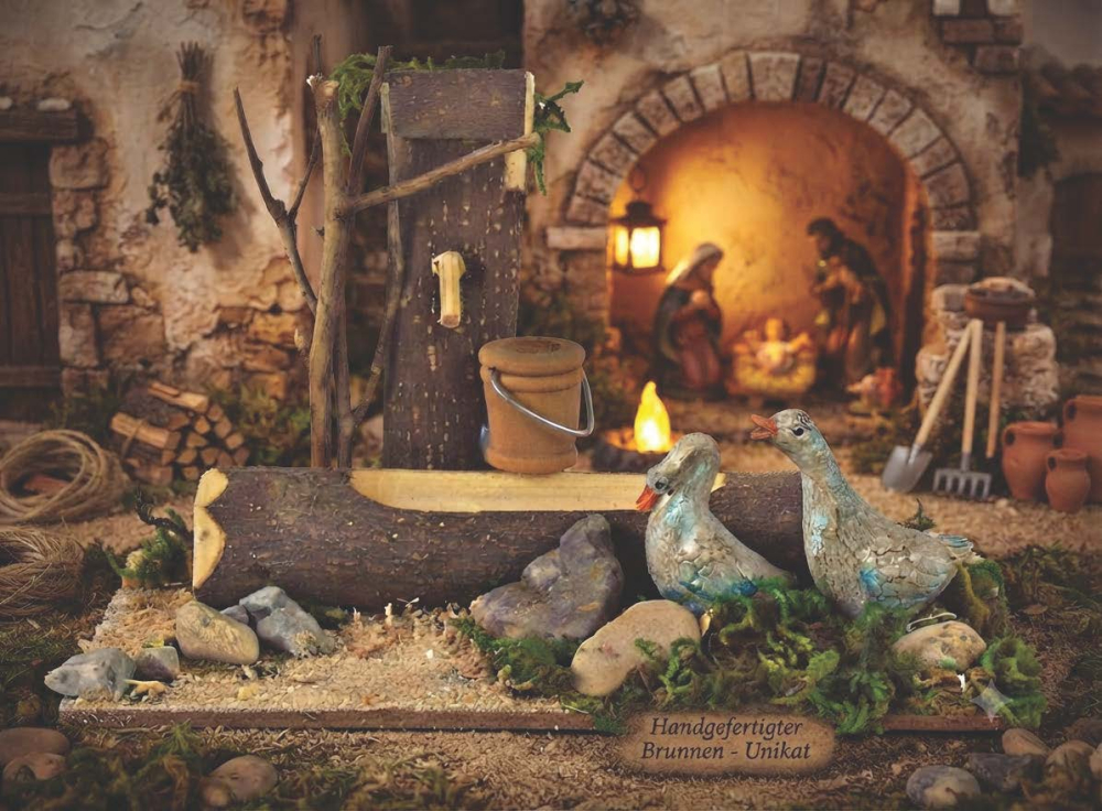 Liebevoller Krippenbrunnen mit Gänsen – Die perfekte Idylle für Ihre Weihnachtskrippe, ca. 14 x 8,5 x 9 cm