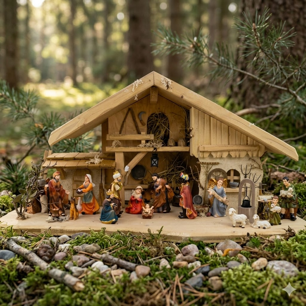 Traditionelle Weihnachtskrippe Zürich inkl. 17-tlg. Figurensatz ETA 1, Maße Krippe: ca. 70 x 30 x 35 cm