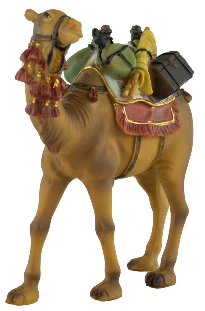 Handbemalte Krippenfigur Kamel mit Gepäck, ca. 14 cm, T 080