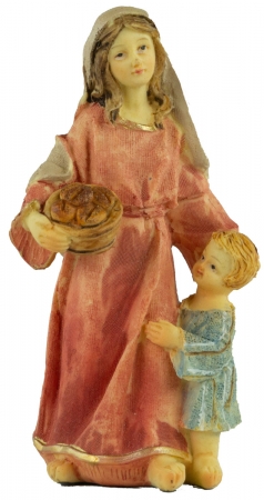 Handbemalte Krippenfigur Magd mit Brotkorb und einem Kind, ca. 11 cm, K 507-20