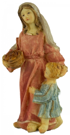 Handbemalte Krippenfigur Magd mit Brotkorb und einem Kind, ca. 11 cm, K 507-20