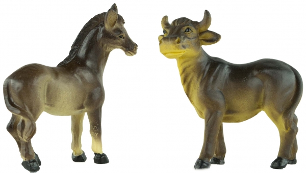 Handbemalte Krippenfiguren Ochse und Esel 2-tlg., ca. 7 cm, K 177-03