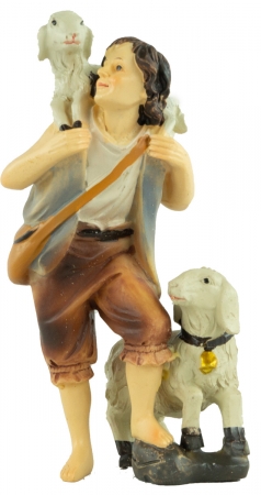 Handbemalte Krippenfigur Schäfer mit zwei Schafen, ca. 11 cm, K 001-12