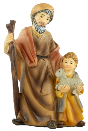 Handbemalte Krippenfigur Schäfer mit einem Kind, ca. 11 cm, K 183-55
