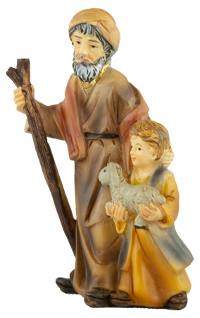 Handbemalte Krippenfigur Schäfer mit einem Kind, ca. 11 cm, K 183-55