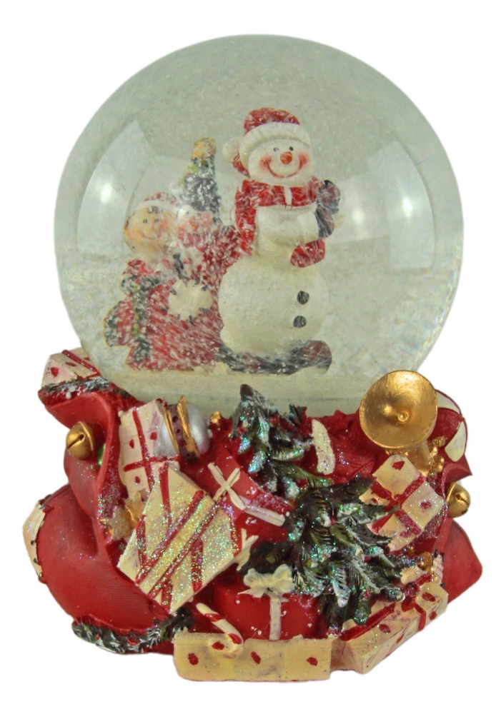 Prächtige Schneekugel mit Spieluhr Schneemann mit Sack ca. 14,5 cm - Dekoration