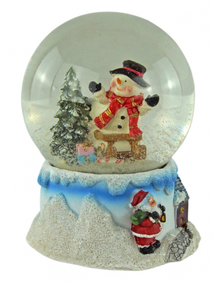 Wunderschöne Schneekugel mit Spieluhr Schneemann auf Schlitten ca. 14 cm - Dekoration